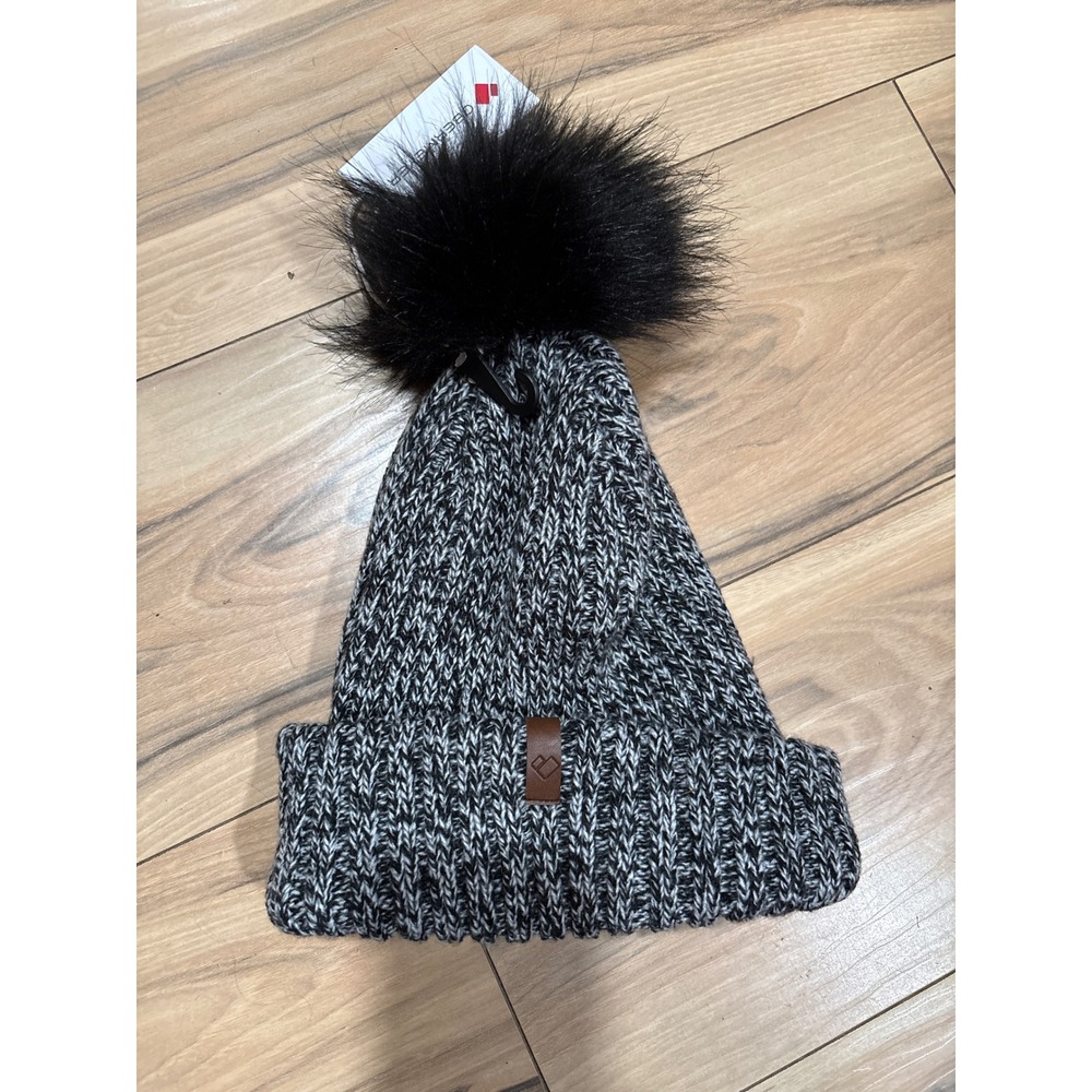 Obermeyer Womens‎ Knit Beanie Winter Hat Black Gray Faux Fur Pom Pom